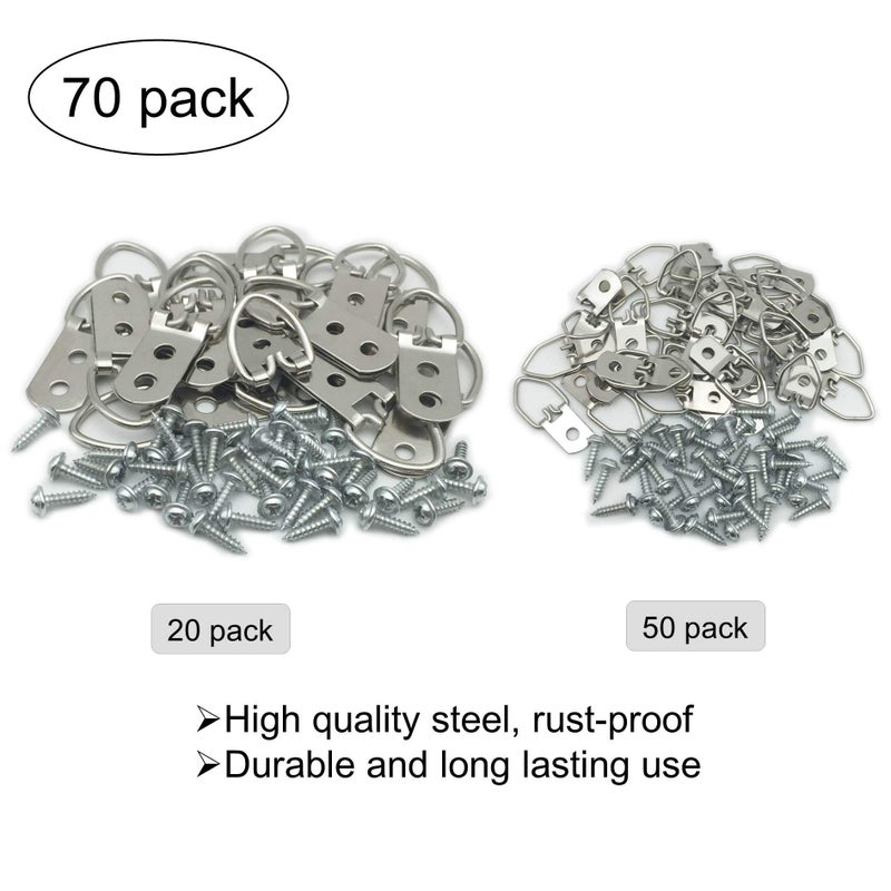 EesTeck 70 Pack D-Ring Steel Picture Hangers Heavy Duty with Screws Picture Frames Double Holes Clasp Picture Hang Solutions, for Hanging Clock Paintings Artwork Picture Frame Hook Photos Mirrors - Image 2